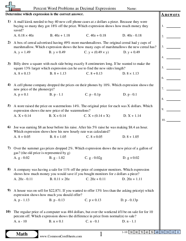 Percent Word Problems as Decimal Expressions worksheet